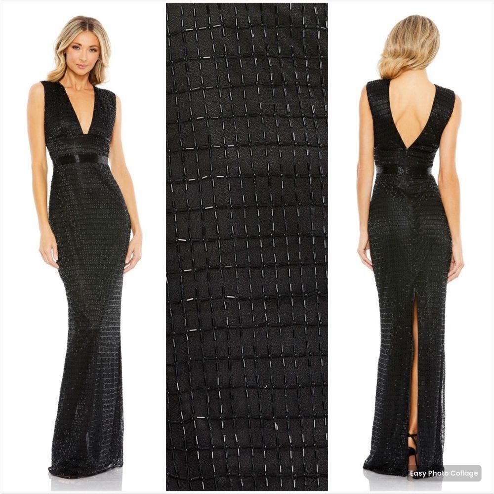 Mac Duggal Size 8 Beaded Deep V Neck Long Formal Column Gown Dress